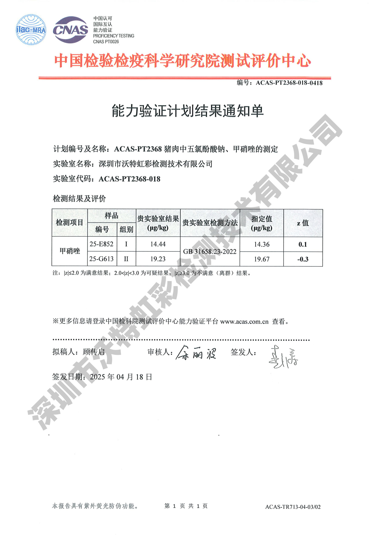 沃特虹彩檢測在ACAS-PT2368(2025)豬肉中五氯酚酸鈉、甲硝唑的測定能力驗證計劃中獲滿意結果!(圖2) 沃特虹彩檢測在ACAS-PT2368(2025)豬肉中五氯酚酸鈉、甲硝唑的測定能力驗證計劃中獲滿意結果!(圖2)